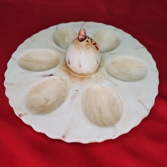 Deviled 6 Egg Tray Serving Easter Platter With Chicken Rooster Beige Round - Picture 4 of 9